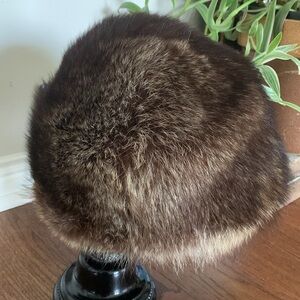 Authentic Vintage Fur Brown Blonde Beanie Hat Black Floral Botanical Lace Lining